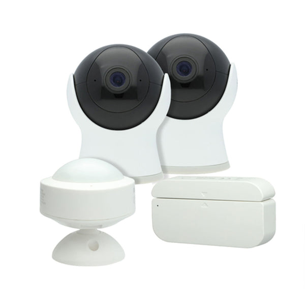 Kit de Monitoreo Inteligente Wi-Fi: 2 Cámaras, 1 Sensor de Apertura, 1 Sensor de Movimiento, Compatible con App móvil y Asistentes de voz