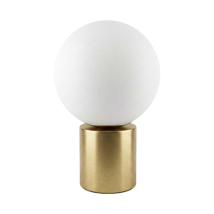 Lámpara de mesa moderna Zibal de Mil Luces con base cilíndrica de aluminio dorado satinado táctil y pantalla de esfera de cristal opalino blanco.