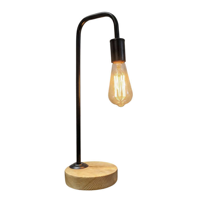 Lámpara de mesa con estilo industrial vintage Kenia 1L de Mil Luces con base redonda de madera y mástil curvo negro.