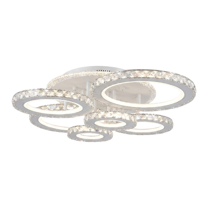 Lámpara de techo semiplafón Solaris 006 de Mil Luces blanca de seis aros entrelazados con detalles de cristal cortado y luz LED integrada.