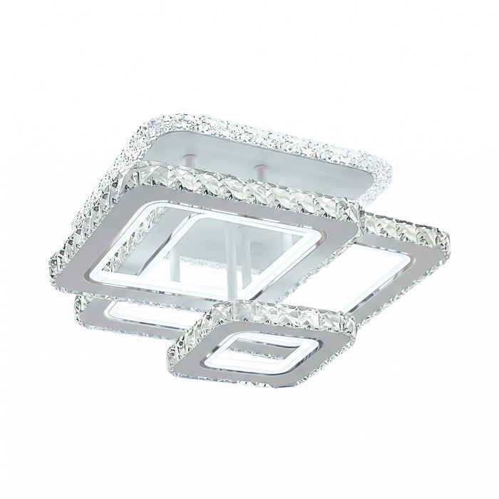 Lámpara de techo moderna Lynx 003 de Mil Luces con cuadros entrelazados en aluminio blanco mate y cristales cortados perimetrales.