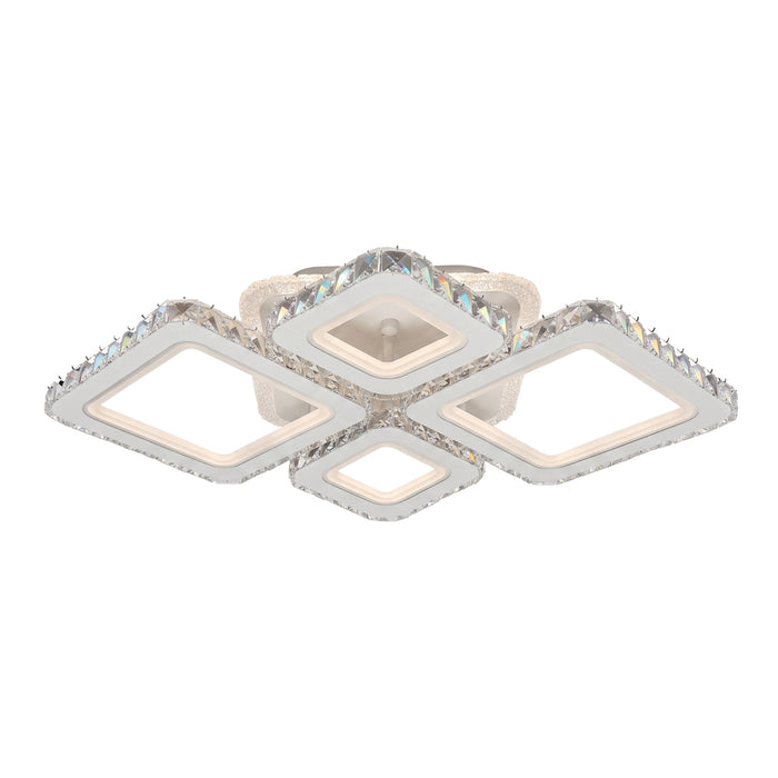 Lámpara de techo moderna Lynx 004 de Mil Luces con cuatro aros entrelazados en aluminio blanco mate y cristales cortados perimetrales.